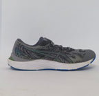 pair of grey ASICS Gel-Kayano running shoes featuring a patterned upper and a blue and white outsole.