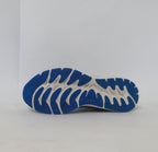 pair of grey ASICS Gel-Kayano running shoes featuring a patterned upper and a blue and white outsole.