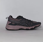 charcoal and lavender Asics GEL-Venture 7 trail running shoe featuring a rugged outsole and signature Asics stripes.
