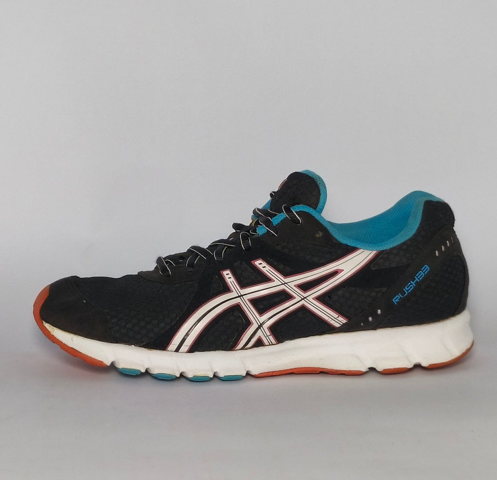 black ASICS GEL-Rush33 running shoe featuring teal interior lining and a white midsole with orange and blue outsole accents.