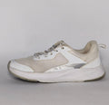 white and light grey athletic running shoe featuring silver accents and a thick white cushioned midsole.