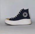 navy blue Converse Move platform high-top sneaker featuring a thick white midsole and a gold toe cap.
