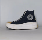 navy blue Converse Move platform high-top sneaker featuring a thick white midsole and a gold toe cap.