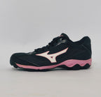 Mizuno Wave Lynx field hockey shoe in black with a pink logo and pink studded turf sole.