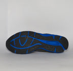 charcoal grey and black New Balance running shoe featuring royal blue laces, logo, and midsole.