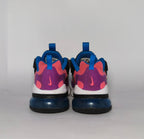 Nike Air Max 270 React sneaker featuring a pink and purple upper, a white React midsole, and a blue tinted Max Air heel unit.
