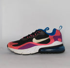 Nike Air Max 270 React sneaker featuring a pink and purple upper, a white React midsole, and a blue tinted Max Air heel unit.