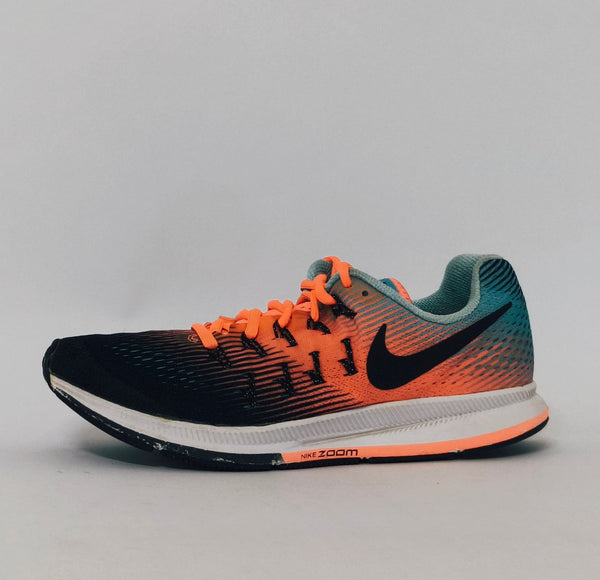 Nike Air Zoom Pegasus 33 running shoe featuring an orange and blue gradient mesh upper and a white Nike Zoom midsole.