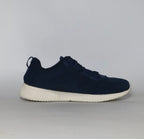 navy blue Skechers BOBS Squad sneaker featuring a white midsole and a textured knit upper.