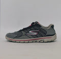 Grey and pink athletic sneakers with breathable knit upper and cushioned sole in used condition size US 8
