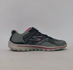 Grey and pink athletic sneakers with breathable knit upper and cushioned sole in used condition size US 8