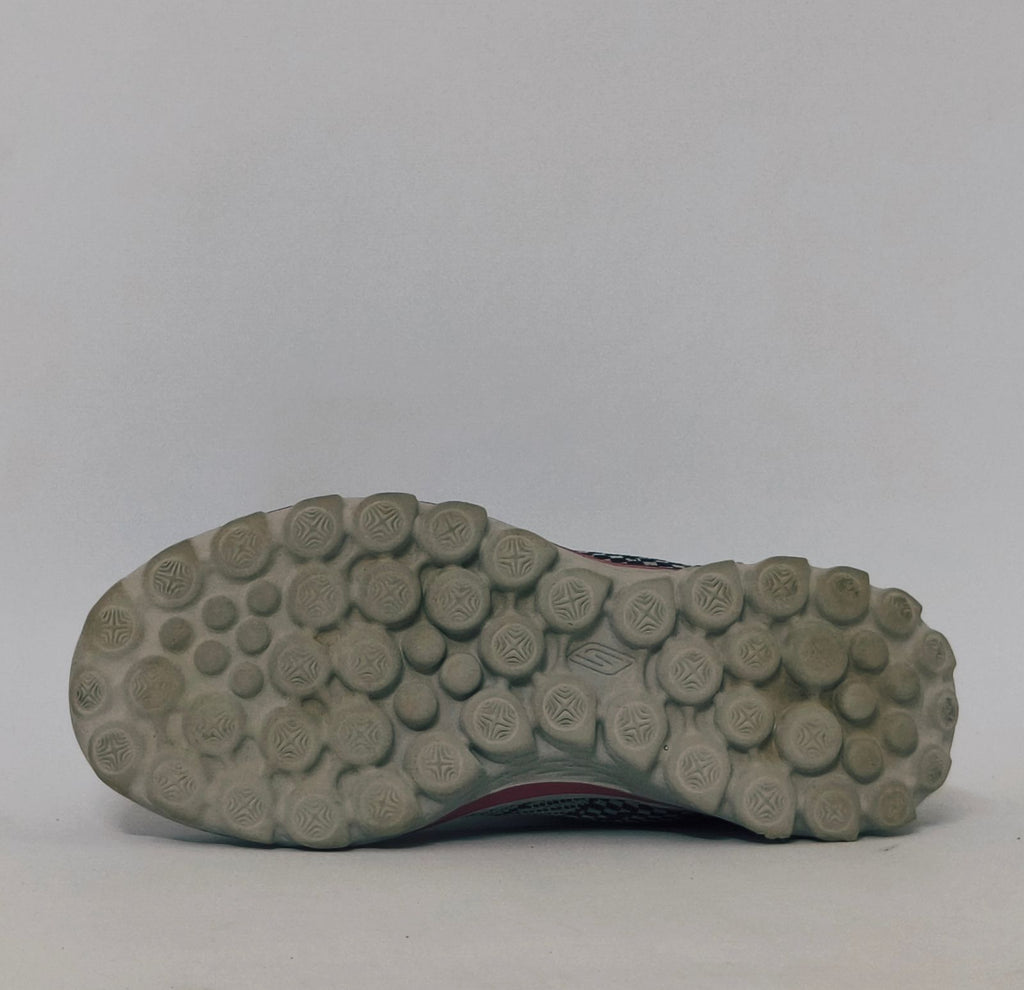 Grey and pink athletic sneakers with breathable knit upper and cushioned sole in used condition size US 8