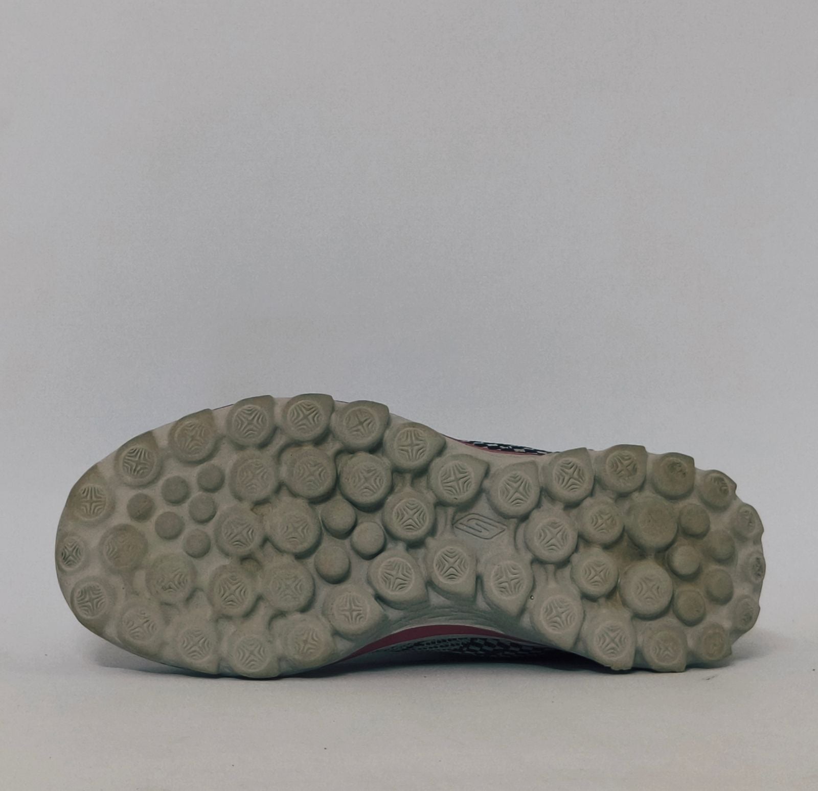 Grey and pink athletic sneakers with breathable knit upper and cushioned sole in used condition size US 8