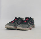 Grey and pink athletic sneakers with breathable knit upper and cushioned sole in used condition size US 8