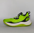 neon green Under Armour Curry Flow 10 basketball shoe featuring a black Warp upper and a white and green Flow midsole.