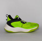neon green Under Armour Curry Flow 10 basketball shoe featuring a black Warp upper and a white and green Flow midsole.