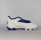 white and royal blue Under Armour cleat featuring a textured forefoot and a durable molded cleat outsole.