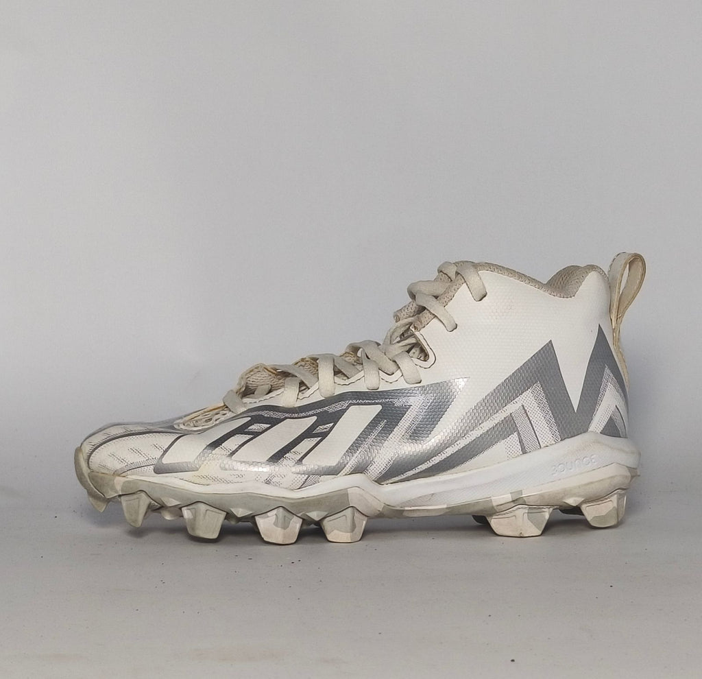white and silver adidas Adizero football cleat featuring a geometric pattern and a cleated outsole for field traction.