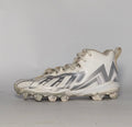 white and silver adidas Adizero football cleat featuring a geometric pattern and a cleated outsole for field traction.