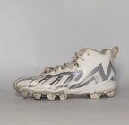 white and silver adidas Adizero football cleat featuring a geometric pattern and a cleated outsole for field traction.