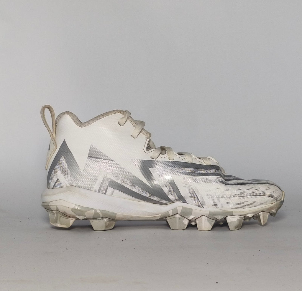 white and silver adidas Adizero football cleat featuring a geometric pattern and a cleated outsole for field traction.