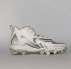 white and silver adidas Adizero football cleat featuring a geometric pattern and a cleated outsole for field traction.